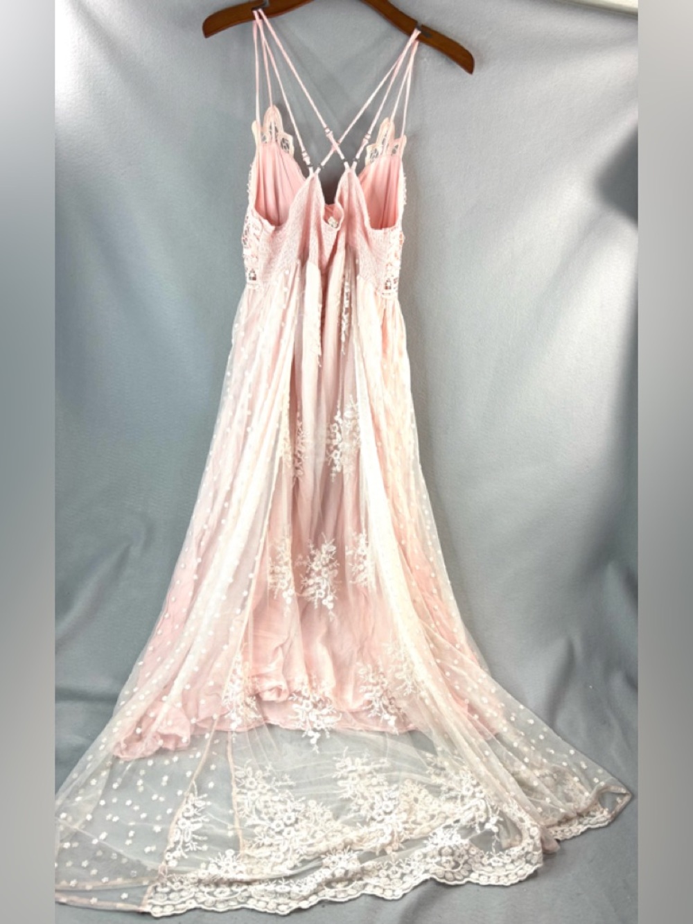 Main Strip M Balletcore Romance Etherial Blush Lace Maxi Dress with Strappy Back - Picture 4 of 10